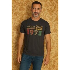 Three In Black "Vintage 1973" Graphic Print Short Sleeve Shirt Mens Size L